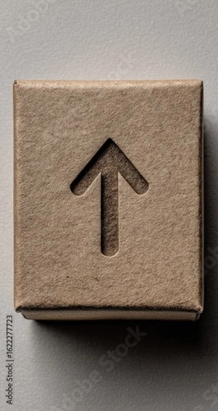 Fototapeta A light beige cardboard box with an embossed upward-pointing arrow