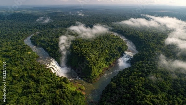 Fototapeta Aerial view of twin waterfalls cascading into a lush green valley, shrouded in mist