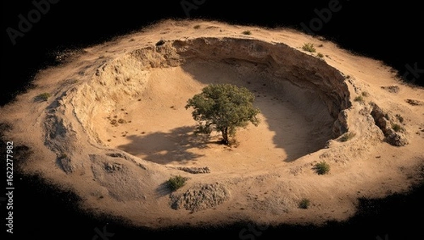 Fototapeta Circular desert crater, lone tree