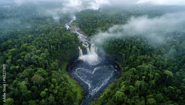 Fototapeta Heart-shaped waterfall cascading through lush rainforest