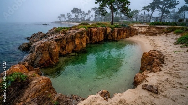 Fototapeta Coastal rock pool, misty shore