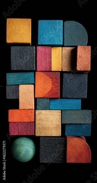 Fototapeta Colorful wooden building blocks arranged in an abstract composition on a black background, featuring various shapes and vibrant hues
