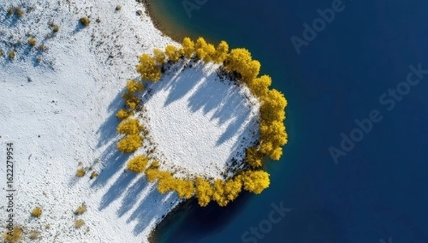 Fototapeta Circle of yellow trees on snowy island in a lake
