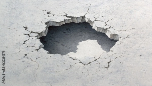 Fototapeta A circular hole pierced through a cracked, light-gray surface