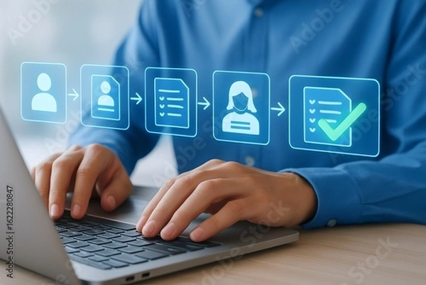 Obraz workflow, process, digital process, online application, registration, task management, checklist, document management, data entry, user onboarding, form completion, approval process, steps, sequence, 