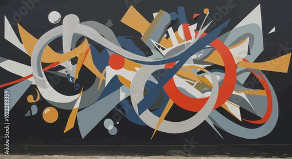 Fototapeta Bold street art mural featuring abstract shapes and vibrant colors on a dark background