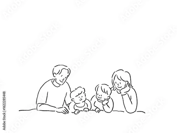 Fototapeta 寝そべる家族、線画