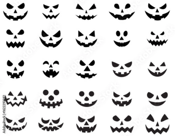 Fototapeta Set of Halloween pumpkin faces in black silhouettes with various spooky expressions