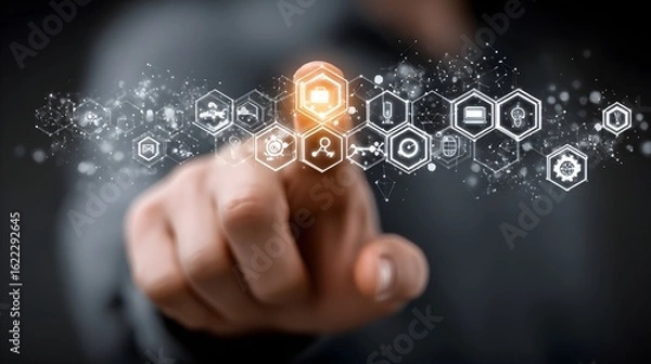 Obraz IT Consulting. Businessman holds digital consulting network connecting icon representing IT solutions, focusing on innovation, strategy, optimization, growth, and technology-driven success