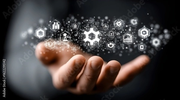 Obraz IT Consulting. Businessman holds digital consulting network connecting icon representing IT solutions, focusing on innovation, strategy, optimization, growth, and technology-driven success