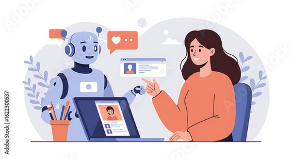 Obraz Artificial intelligence in human resources. A woman recruiter and a robot assistant collaborate on candidate selection using a laptop.
