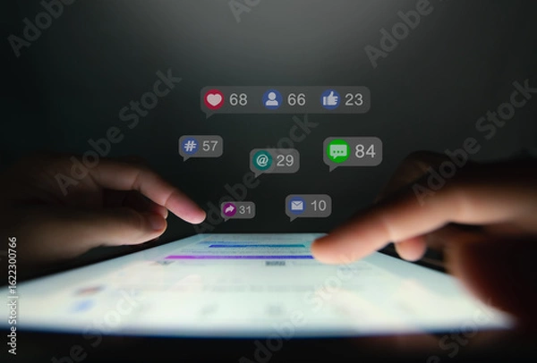 Fototapeta Man using interactive touchscreen display scrolling and touching,concept Social Media, Marketing, Post - Structure, like buttons