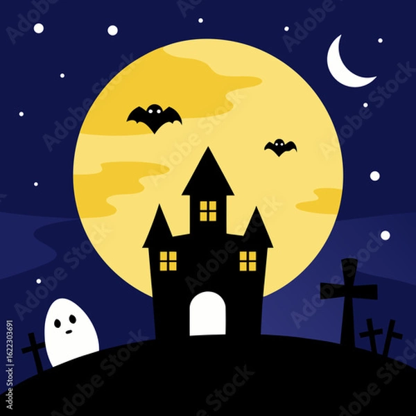 Obraz Spooky halloween night with haunted house bats and ghost