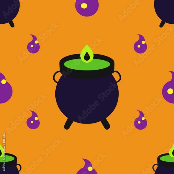 Fototapeta Halloween cauldron and ghost pattern on orange background