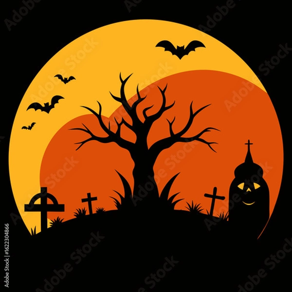 Fototapeta Spooky halloween cemetery scene with bats and jack o lantern