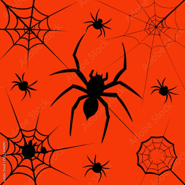 Obraz Spooky halloween spiders and webs on an orange background