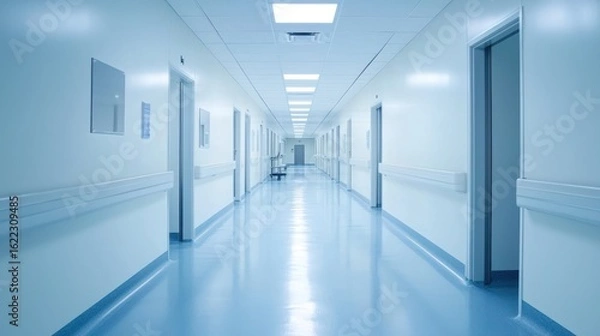Fototapeta A clean, empty hospital hallway with blue walls and white ceiling lights.