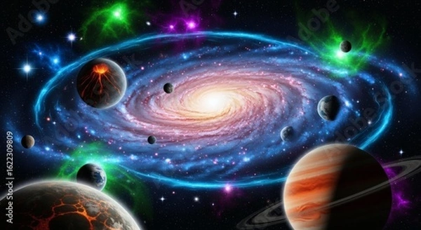 Fototapeta A cosmic illustration of a glowing spiral galaxy surrounded by various planets, stars, and colorful nebulae.