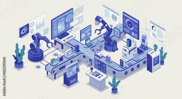 Obraz Smart factory automation concept. Isometric illustration of a futuristic industrial production line with robots and data monitoring.
