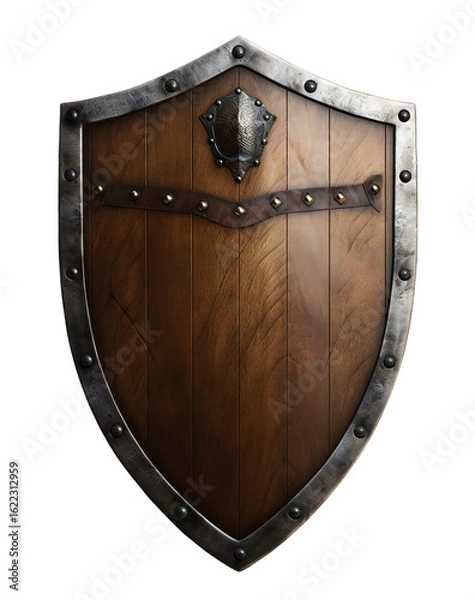 Fototapeta Wooden medieval shield with metal accents, perfect for historical illustrations and fantasy art projects on transparent background