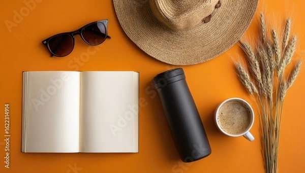 Fototapeta Flat lay of summer essentials on an orange background.  Open notebook, straw hat, sunglasses, thermos, coffee cup, wheat sprigs