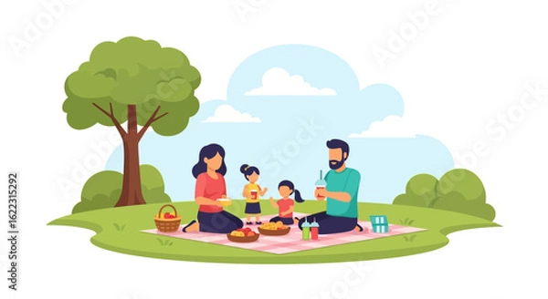 Fototapeta Family enjoying outdoor picnic with delightful snacks on a sunny day in nature setting illustration