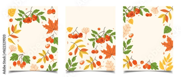 Fototapeta set of minimalist autumn posters, templates, and postcards with berries and leaves