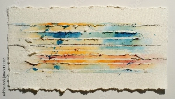 Fototapeta Abstract watercolor painting on textured paper with horizontal bands of color