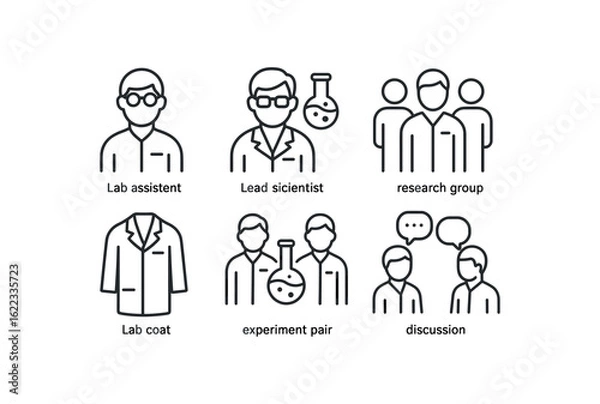 Obraz simple outline stroke icon items medical researcher (team): lab assistant lead scientist research group lab coat experiment pair discussion monoline icons style isolated on white background