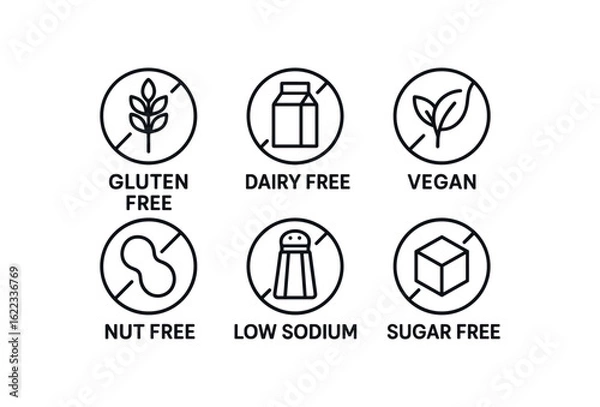 Obraz simple outline stroke icon items dietary re simple outline stroke icon itemsiction (types): gluten free dairy free vegan nut free low sodium sugar free monoline icons style isolated on