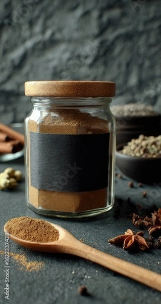 Fototapeta Glass spice jar with dark label, filled with brown powder, wooden lid, on dark surface with various spices