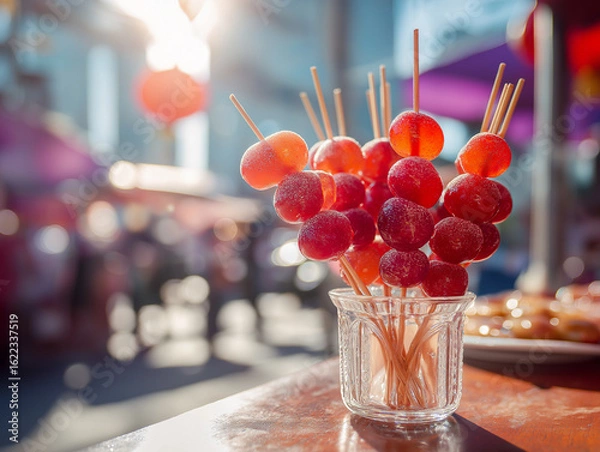 Fototapeta Urban Tanghulu: Sweet Tradition in a Modern Asian Street Market