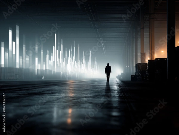 Fototapeta Silhouetted Worker under Algorithmic Surveillance in a Global Warehouse