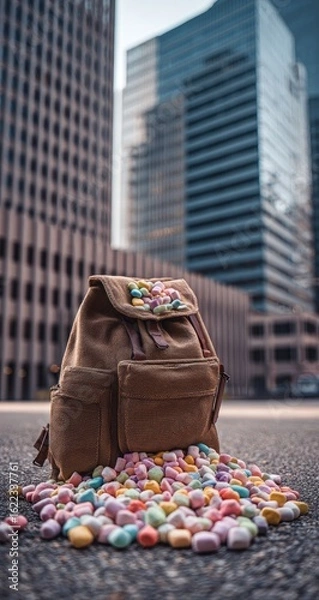 Fototapeta A brown backpack sits on the ground surrounded by colorful marshmallows. City buildings in the background