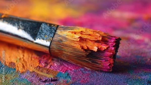 Fototapeta Close-up of a paintbrush with vibrant colors on an artist's palette
