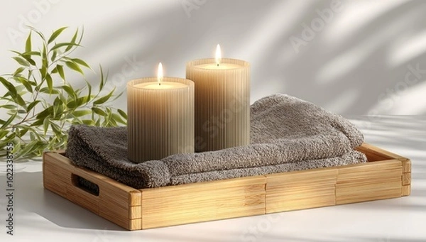 Fototapeta Two lit candles on a wooden tray with a towel and foliage