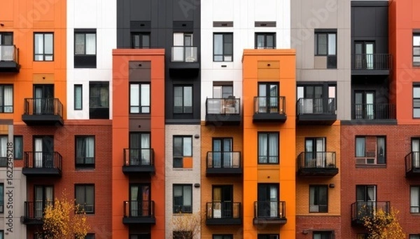 Fototapeta Colorful apartment building facade with varied hues of orange, brown, and gray