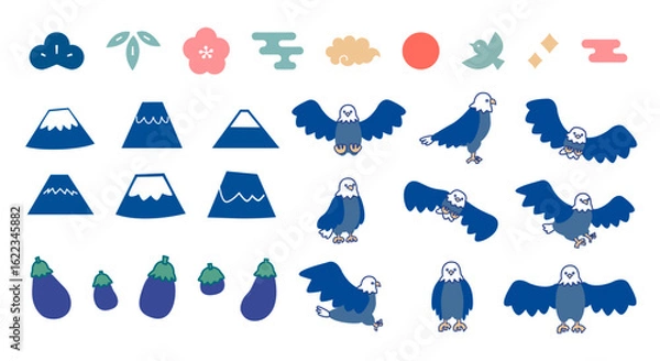 Obraz 一富士二鷹三茄子と縁起物の年賀素材のイラストセット