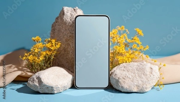 Fototapeta Smartphone mockup with rocks and flowers on a pastel background