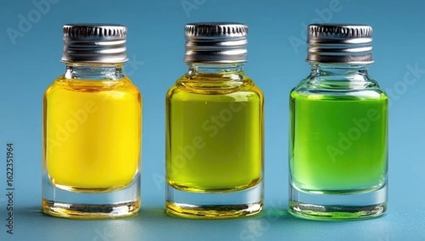 Fototapeta Three small glass bottles, yellow, lime green, and a shade of green, with silver caps, arranged in a row against a light-blue background