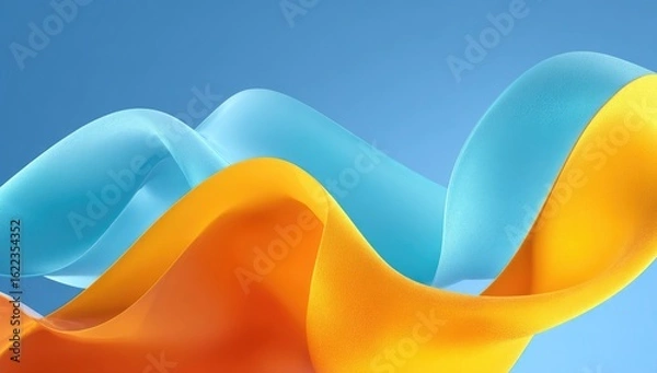 Fototapeta Abstract design with flowing, vibrant orange and light blue ribbons against a light blue backdrop