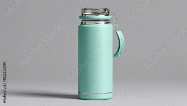 Fototapeta Mint-green, cylindrical water bottle with clear lid and carrying loops
