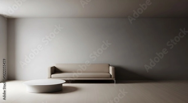 Fototapeta Minimalist Interior Design with Sofa and Table, A Serene and Contemporary Space