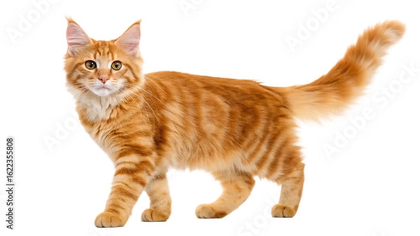 Fototapeta orange tabby cat isolated on white background curious ginger kitten walking adorable feline pet with playful attitude full body side view of a cute domestic animal