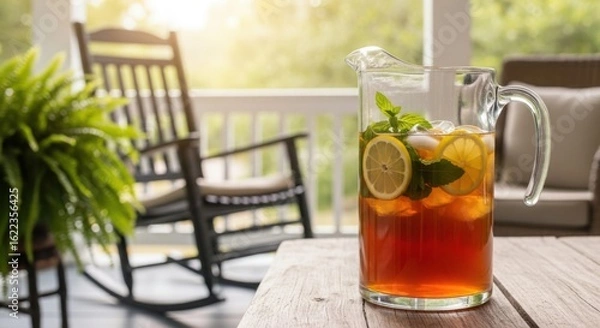 Fototapeta Refreshing iced tea with lemon and mint in a pitcher on a porch with rocking chairs