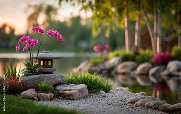 Fototapeta Peaceful zen garden with orchids