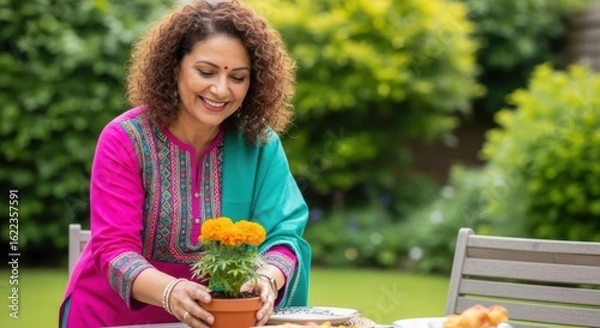 Fototapeta Smiling woman with curly hair in colorful clothing tending to a potted marigold flower in a garden