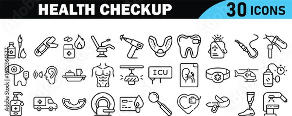 Obraz Health checkup icon set. Thin line editable stroke icons bundle. Contains such icons as hospital, doctor, nurse, stethoscope, instruments, organs, tests, viruses, lung, eye, hearing, kidneys and more 