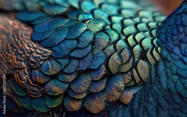 Fototapeta Close-up view of iridescent, overlapping bird feathers