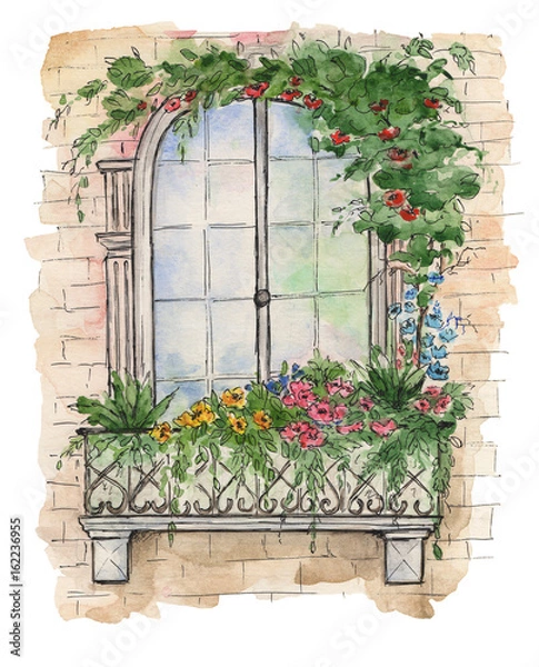 Fototapeta Illustration of wooden old retro window with shreds and small balcony wreathed in flowers. Watercolor illustration